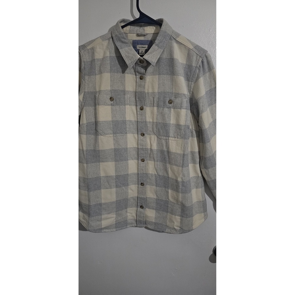 L.L. Bean Plaid Flannel Button Down Shirt Size Medium Ivory‎ Blue Preppy Soft - Picture 3 of 12